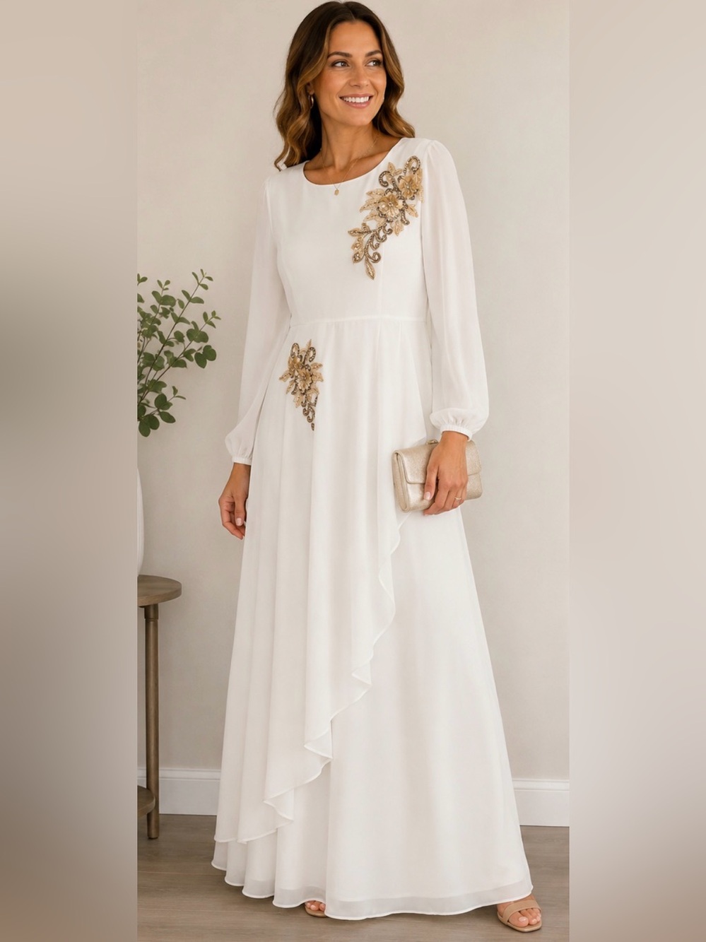 Euxodia Fashion NWT Ivory Chiffon Maxi Dress Gold Floral Appliqué EU 46 Formal